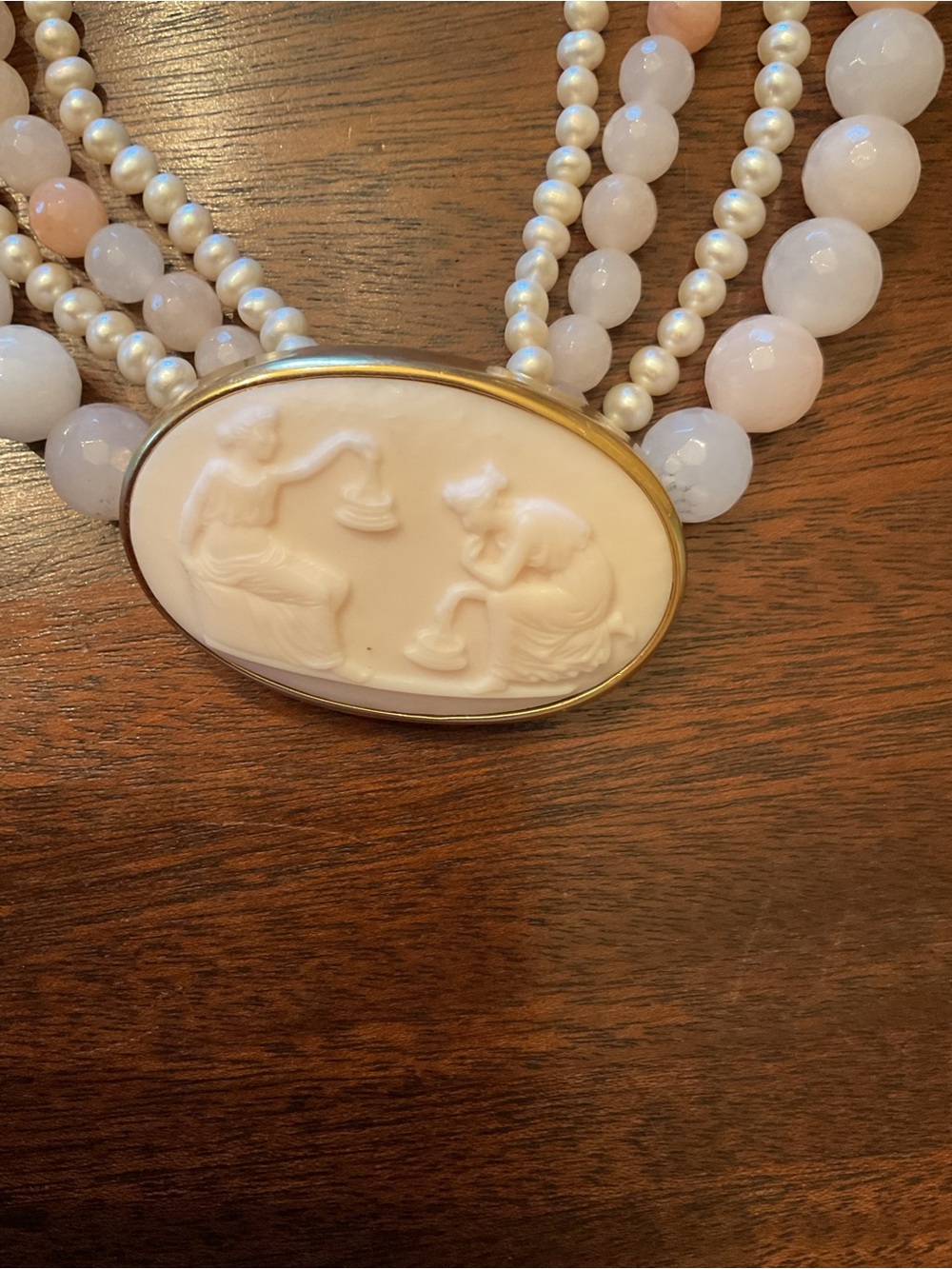 Multi-Strand Pink Cameo Necklace with Gold Accents - Picture 2 of 2